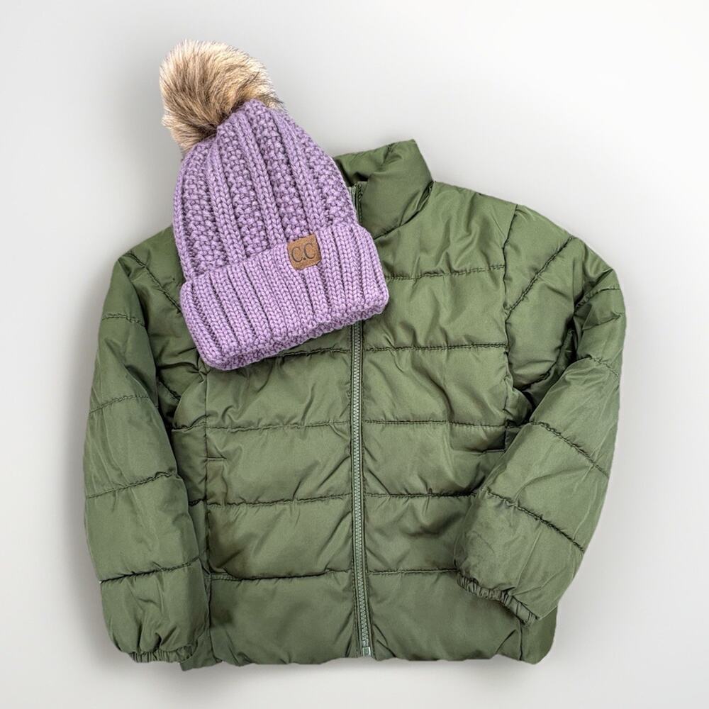 Children’s Place Green Puffer Coat SZ 5/6 Unisex + Purple CC Beanie Kids Bundle - Picture 2 of 14
